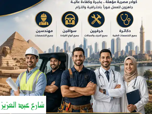 نوفر لكم جميع الكوادر المهنية من مصر باحترافية وثقة...