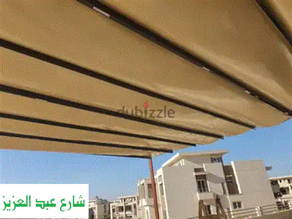 برجولات وتندات حديد مودرن فخمة  دهان إلكتروستاتيك وقماش عالي الجودة